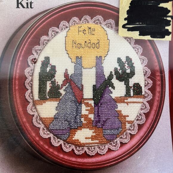 Christmas Cross Stitch Kit in a Tin Feliz Navidad Wolves Cactus Sealed #028108 - Picture 2 of 6